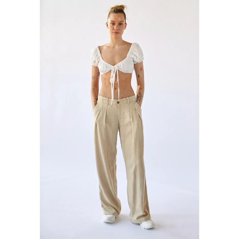 Urban Outfitters UO Martina Linen Blend Low-Rise Trouser Pants Wide Leg Beige 6